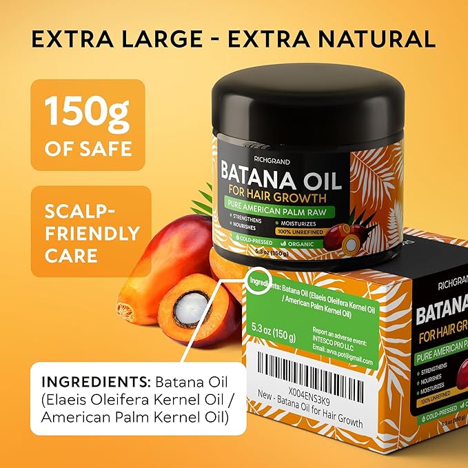 Batana Oil for Hair Growth - 100% Raw & Organic Dr Sebi Batana Oil - Cold-Pressed & Pure Unrefined Batana Hair Mask for Women & Men - Enhances Hair Thickness, Prevents Loss