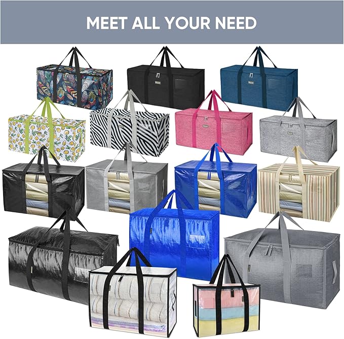 BALEINE 6-Pack Oversized Moving Bags with Reinforced Handles, Heavy-Duty Storage Tote Moving Supplies for Packaging, Camping (Gray w/Window, 6-Pack)