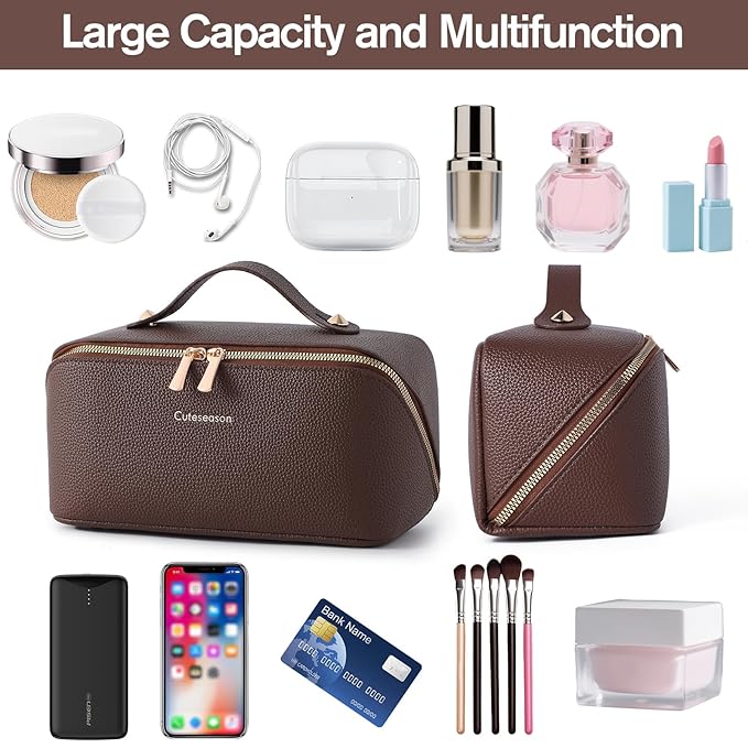 Makeup Bag, Travel Toiletry Bag for Women, Large Capacity Waterproof Rhombus Stitching PU Leather Cosmetic Bags Make Up Organizer Bags with Headband and Wristband Set (Green)