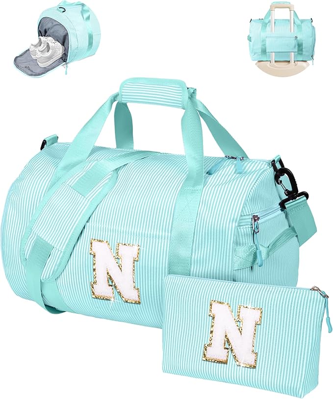 Granddaughter Gift from Grandmom, Girls Travel Duffle Bag, Kids Initial Overnight Bags with Shoe Compartment, Personalized Weekend Bag with Cosmetic Pouch, Birthday Gift for Her (Letter N)