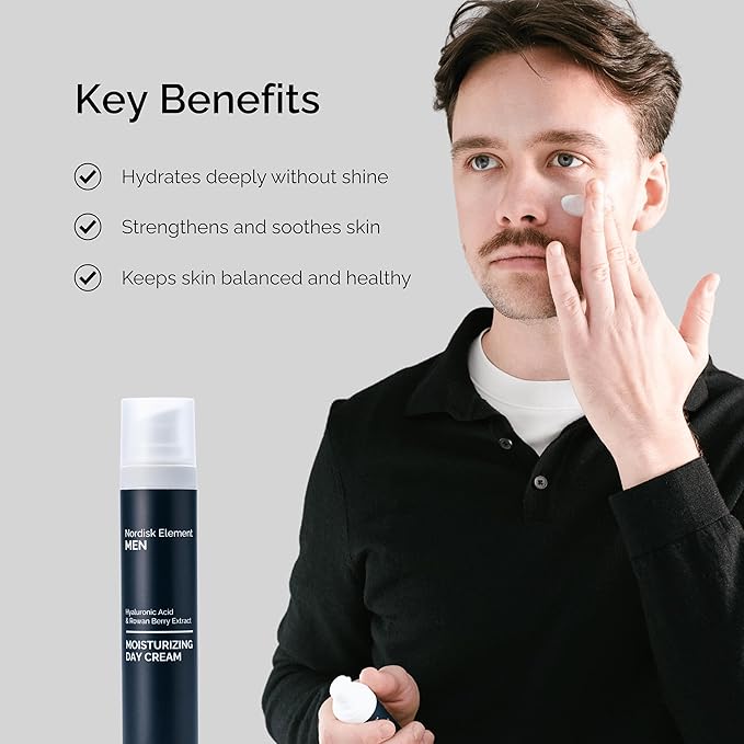 Nordisk Element Men’s Moisturizing Day Cream with Hyaluronic Acid & Rowan Berry Extract Deep Hydration Lightweight Vegan Non Greasy Face Moisturizer Paraben Free Sulfate Free Clean Ingredients 1.7oz