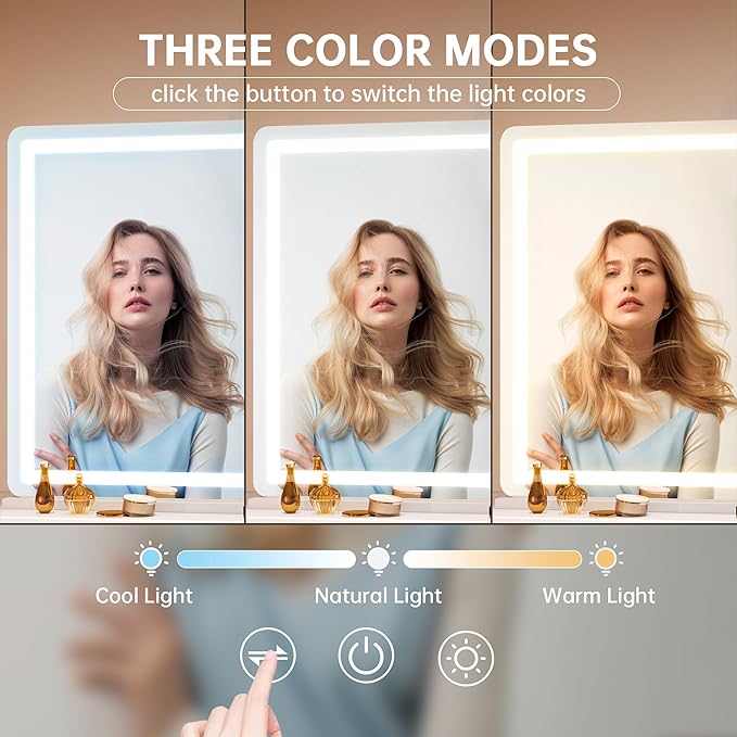 Hasipu Vanity Mirror with Lights, 50.2" x 34" LED Makeup Mirror, Lighted Makeup Mirror with Dimmable 3 Modes, Touch Screen Control Vanity Mirror Round White