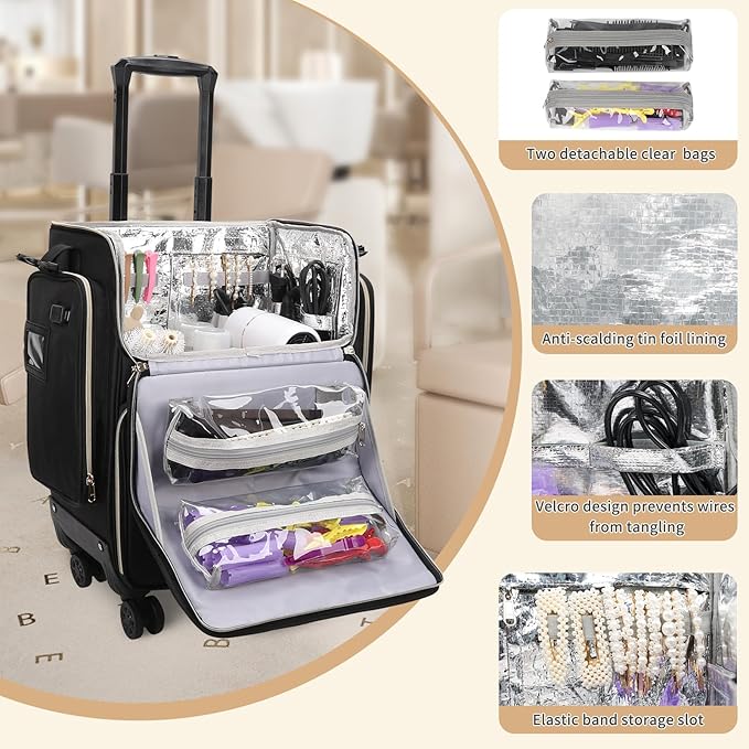 OCHEAL Hairstylist Traveling Case with a Large Makeup Travel Bag for Hairstylist, Hairdresser Bag with Detachable Pouch,360° Rotatable Wheelsfor Hairdressing Tool Organizer