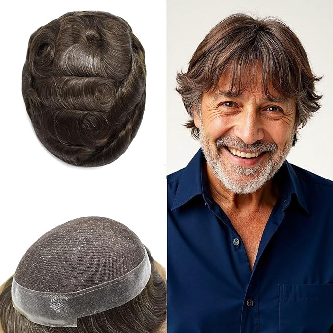 Toupee for Men French Lace Center Human Hair Replacement Systems Transparent Lace Center Hair Piece Mens Toupee Hair Units for Man V-Looped Male Hair Prosthesis 7"X9" #320 Dark Brown with 20% Gray