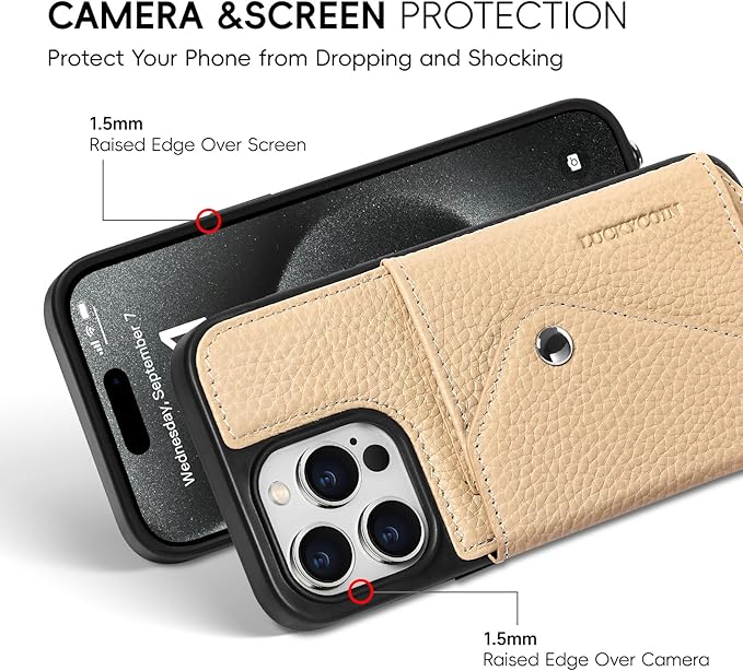LUCKYCOIN Crossbody Wallet Phone Case for iPhone 15 Pro Max,100% Genuine Leather Wallet Phone Case with Expandable Flip Card Holder,Phone Purse for Women with Adjustable Removable Strap - Pebble Beige