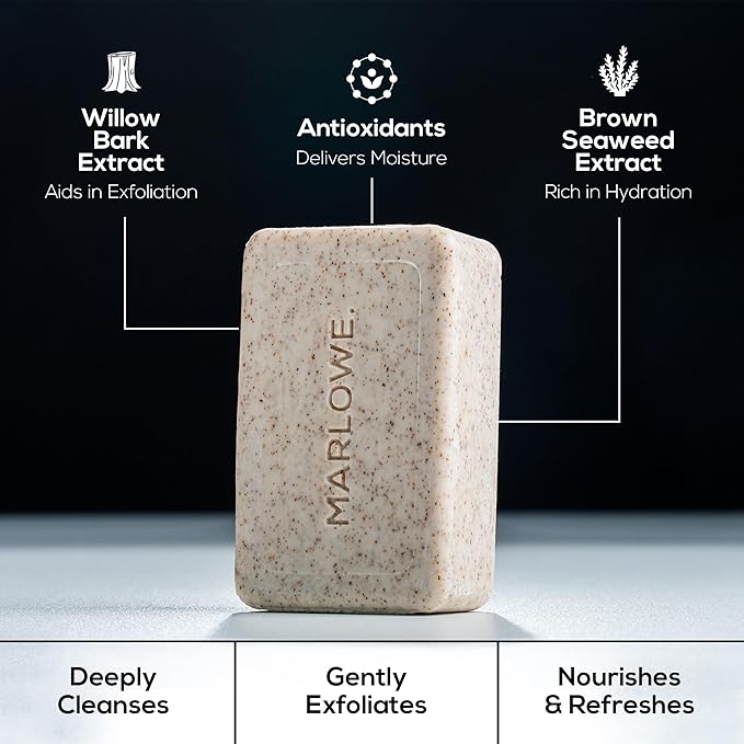MARLOWE. No. 102 Body Scrub Soap 7 oz, Exfoliating Soap Bar with Shea Butter, Olive Oil & Green Tea Extracts, Cleanses, Smooths & Revitalizes Skin, Original Sage & Fir Scent