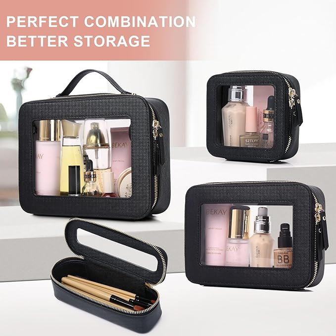 Pinkmik Travel Clear Makeup Bag with Brush Case TSA Approved Toiletry Bag Waterproof Cosmetic Organizer with Zipper Car Essential for Women (Black, M+SLIM)