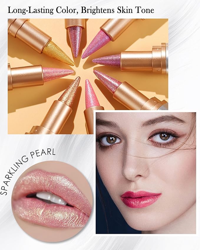 Rose Pink Glitter Lipstick Lip Liner,Shimmer Metallic Matte Long-Lasting Waterproof Non-stick Lip Tint Stain,High Pigmented Lip Gloss Full Coverage lipcolor Pen,Christmas Makeup Gift for Women-03
