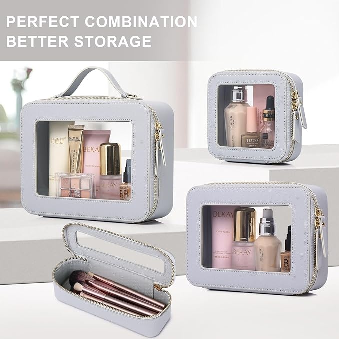 Pinkmik Clear Makeup Bag Waterproof Travel Case for Cosmetics and Toiletries Women's Purse Organizer and Clear Car Bag with Zipper (Gray, M+MINI)