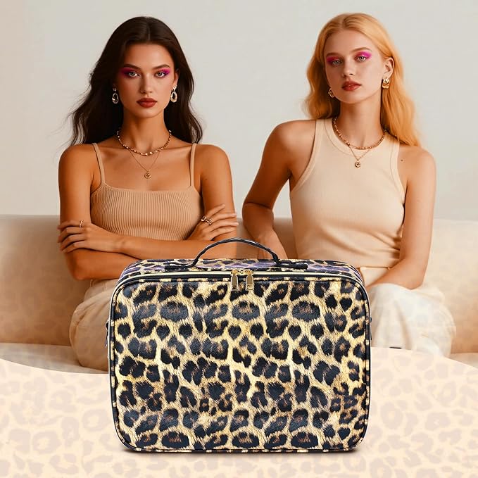 15''X11'' Large Makeup Bag with Removable Lighted Mirror, Professional Travel Make up Bag with Mirror and Light Cosmetic Train Case Organizer, PU Leather with Adjustable Dividers & Brush Storage Board