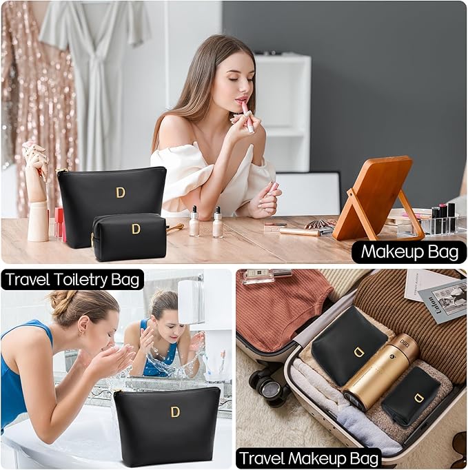 Women Gifts | Initial Makeup Bag Set for Girl Personalized Gifts for Bridesmaid Friend Graduation Teachers PU Leather Cosmetic Travel Toiletry Bag(Black,D)