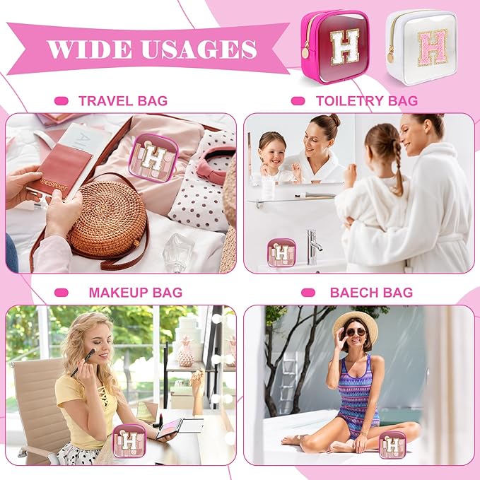 Personalized Initial Letter Clear Preppy Makeup Bag,Mini Nylon Chenille Letter Cosmetic Bag Cute Zipper Pouch Coin Purse for Teen Girls,Portable TSA Approved Travel Essentials Bag Gift for Women,H