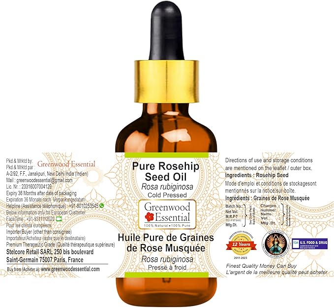 Greenwood Essential Rosehip Seed Oil (Rosa rubiginosa) with Glass Dropper | Cold Pressed | Natural | Undiluted | For Diluting Essential Oils | For Hair, Skin & Massage | Men & Women | 10ml (0.33 oz)