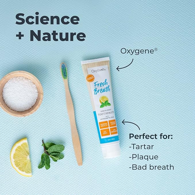 Oxyfresh Premium Lemon Mint Fresh Breath Toothpaste to Help Fight Bad Breath, Anti Plaque & Tartar Control - Low Abrasion Gel, SLS & Fluoride Free Toothpaste with Essential Oils, 5oz (Pack of 2)