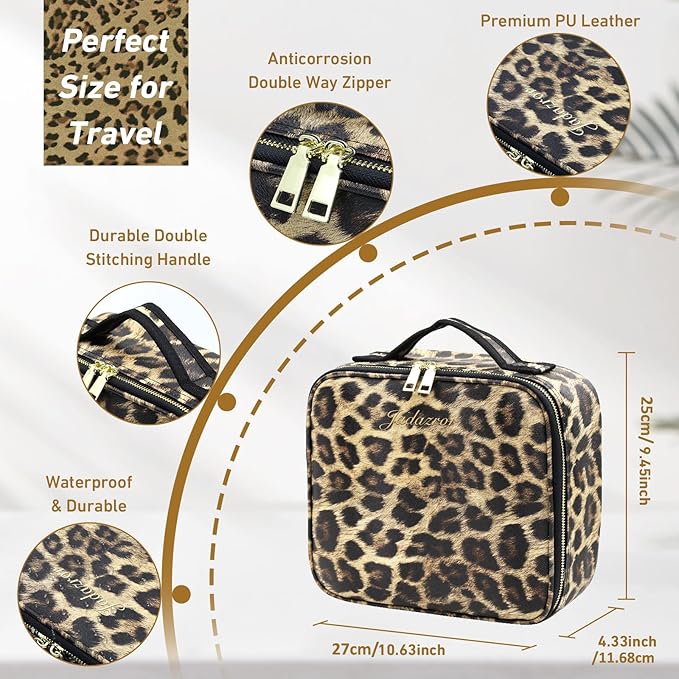 Makeup Bag with Light Up Mirror, Lighted Travel Makeup Organizer 3 Colors Adjustable Brightness, Makeup Bag with Mirror and Light, Travel Train Case Portable Cosmetic Bag for Women(Leopard)