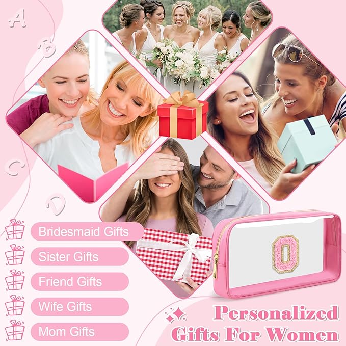 Personalized Initial Letter Clear Makeup Bag,Preppy Small Nylon&PVC Cosmetic Zipper Bag with Chenille Letter,Portable Beach Travel Skincare Toiletry Bag,Trendy Monogram Gift for Teen Girls Women,O