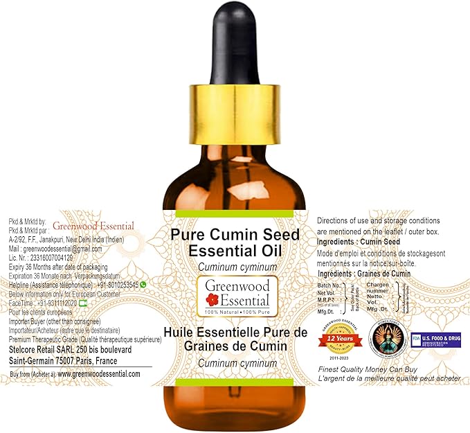 Greenwood Essential Cumin Seed (Jeera) Essential Oil (Cuminum cyminum) with Glass Dropper | Pure | Non-Sticky | Non-greasy | Lightweight | Men & Women | All Skin Types | Steam Distilled 10ml (0.33 oz)