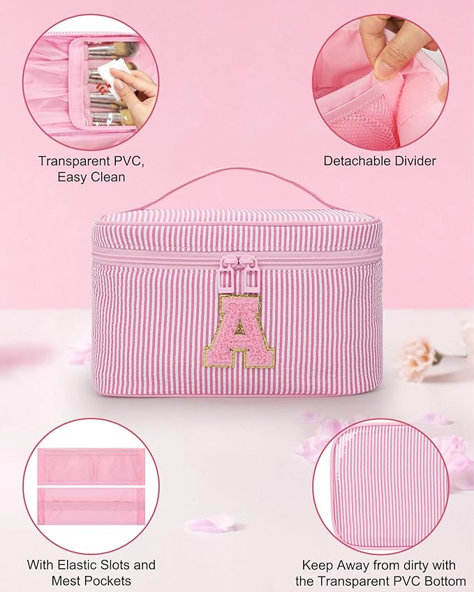 MONSTINA Personalized Initial Makeup Bag with Brush Holder for Women,Make Up Case for Girlfriend Bridesmaid Wife,Birthday Gift for Her Cute Toiletry Bag,2PCS,Pink G