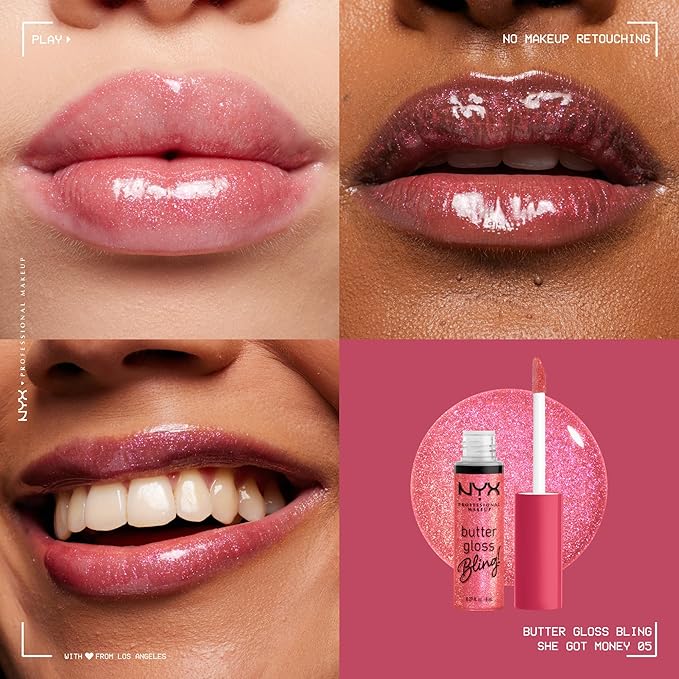 NYX PROFESSIONAL MAKEUP Butter Gloss Bling Lip Gloss, Non Sticky and Shiny Vegan Lip Makeup - She Got Money