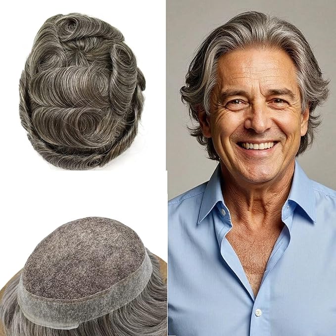 FACE MIRACLE Toupee for Men French Lace Hairpiece Human Hair Replacement System Skin PU Mens Toupee Hair Wigs for Man V-Looped Front Hair Prosthesis 8"X10" #440 4# MEDIUM BROWN WITH 40% SYNTHETIC GREY