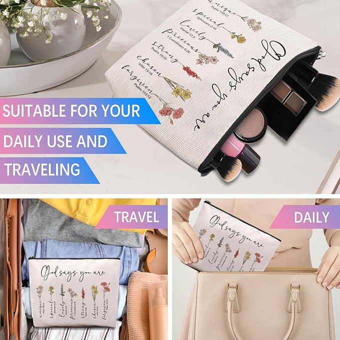 God Says You Are Makeup Bag, Christian Gifts for Women Cosmetic Bag, Bible Verse Floral Bible Verse Accessories Stuff for Women, Religious Faith Based Gifts Inspirational Affirmations Cosmetic Bag
