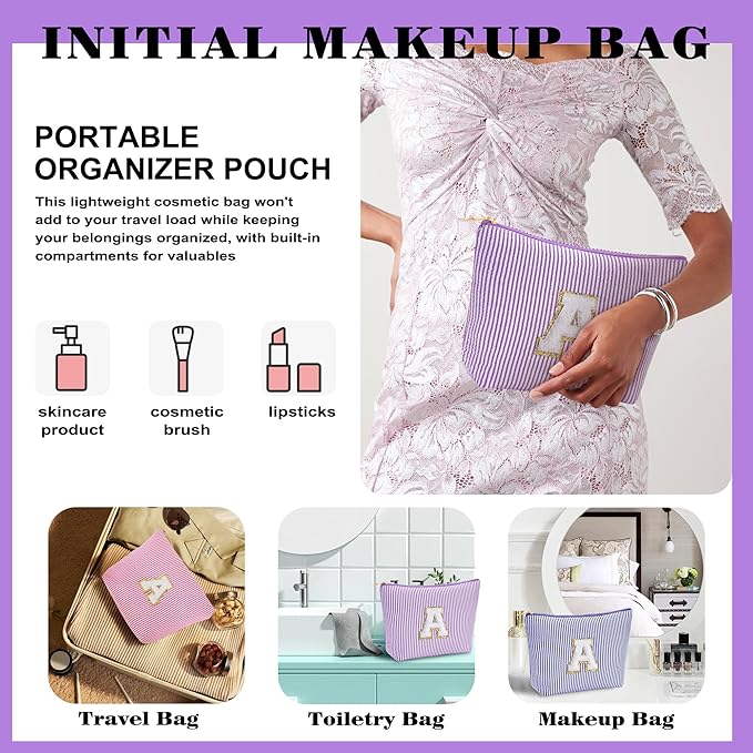 Travel Essentials - Portable Travel Toiletry Bag for Women, Initial Makeup Kit Organizer Make up Cosmetic Bag Set Purple Stuff Birthday Gifts for Women Daughter Mom, Purple Letter J