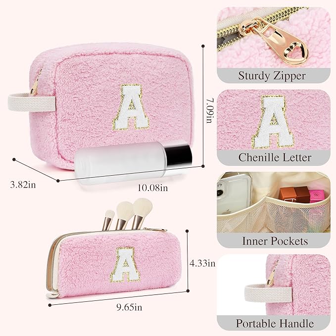 2PCS Makeup Bag with Initials, Christmas Day Gifts for Teen Girls Trendy Stuff, Personalized Cosmetic Travel Bag Pouch for Granddaughter, Cute Plush Make up Bags for Birthday - Pink S