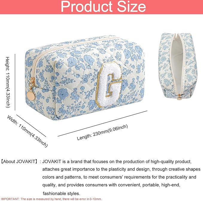 JOVAKIT Makeup Bag Cosmetic Bags for Women, Christmas Gifts for Girls Age 6-18, Alphabet Pink Floral Coquette Zipper Travel Makeup Pouch, Organizer Case Trendy Stuff (Pink+ Blue G)
