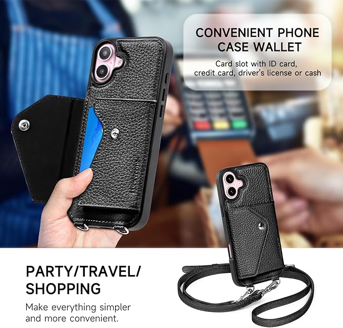LUCKYCOIN Crossbody Wallet Phone Case for iPhone 16 Plus,100% Genuine Leather Wallet Phone Case with Expandable Flip Card Holder,Phone Purse for Women with Adjustable Removable Strap - Pebble Black