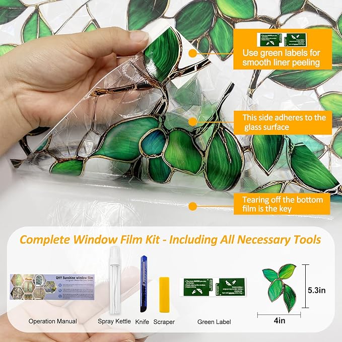 Stained Glass Window Privacy Film Decorative Rainbow Static Clings – Ideal for Home & Office, Adhesive-Free, Removable, UV-Blocking (Green Rainbow, 35.4 X 157.4 in)