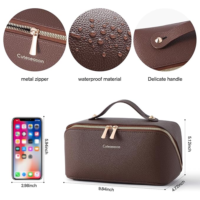 Makeup Bag, Travel Toiletry Bag for Women, Large Capacity Waterproof PU Leather Cosmetic Bags Make Up Organizer Bags with Headband and Wristband Set (White, Lychee Pattern)