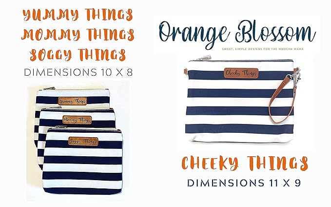 Stylish Diaper Bag Organizing Pouches - XL Set of 4 Navy and White Striped Canvas Diaper Bag Pouches with Leather Embossed Labels, Leather Wristlet Strap & Durable Metal Zippers