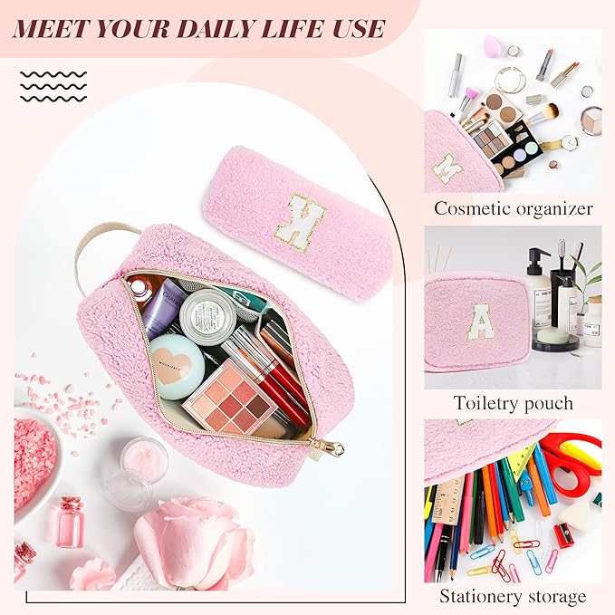 2PCS Makeup Bag with Initials, Christmas Day Gifts for Teen Girls Trendy Stuff, Personalized Cosmetic Travel Bag Pouch for Granddaughter, Cute Plush Make up Bags for Birthday - Pink S