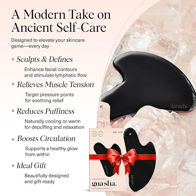 Kitsch Stainless Steel Gua Sha Facial Tools - Lymphatic Drainage Massager for Face & Chin, Jawline Shaper, Double Chin Reducer, Guasha Tool for Face Massager, Skin Care Tools - Matte Black