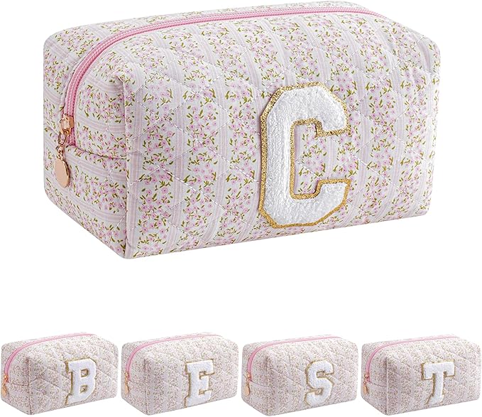 JOVAKIT Alphabet Makeup Bag Cosmetic Bag for Women, Christmas Gifts for Girls Age 6-18, Floral Flowers Coquette Travel Toiletry Zipper Make Up Pouch Organizer Trendy Stuff (Pink Floral C)