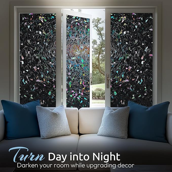 rabbitgoo Window Privacy Film Rainbow Film Decorative Window Sticker, 3D Static Stained Glass Cling Tint for Room Darkening Day Sleep, Black, 23.6 x 118.1 inches