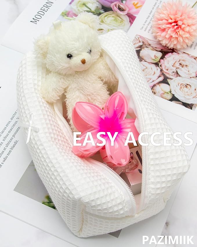 PAZIMIIK 6PCS Cozy Makeup Bag Travel Cosmetic Bag for Women Soft Toiletry Bag Aesthetic Makeup Organizer Portable Large Zipper Pouch for Skincare Beauty Accessories Brushes Waffle Check Cream White