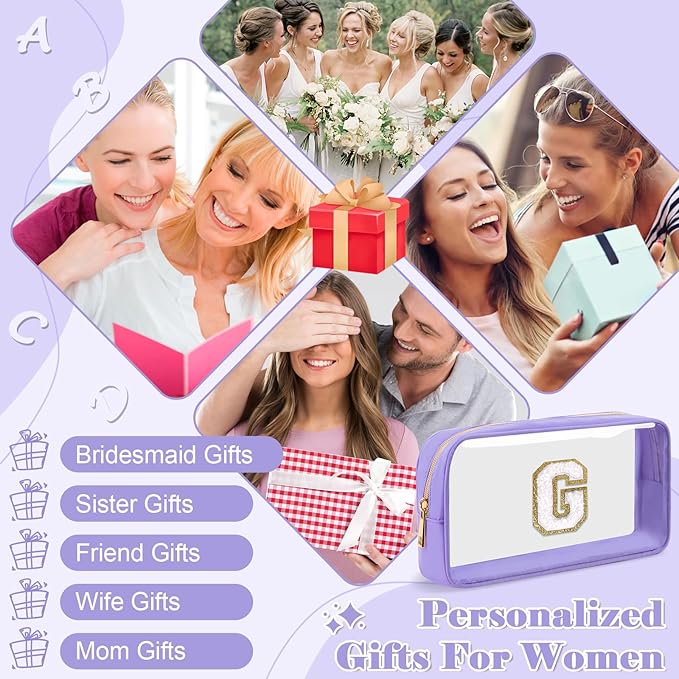 Personalized Initial Letter Clear Makeup Bag,Preppy Small Nylon&PVC Cosmetic Zipper Bag with Chenille Letter,Travel Skincare Toiletry Bag,Monogram Christmas Gift for Teen Girls Women,G