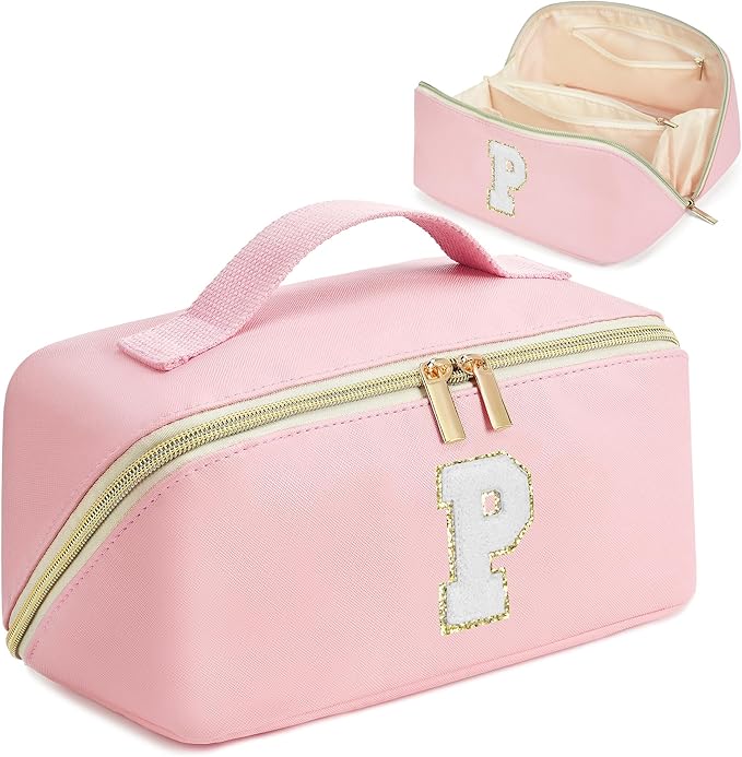 for Christmas Day Gifts, Makeup Bag for Women, PU Leather Travel Toiletry Bags, Initial Make Up Cosmetic Pouch for Teen Girls, Wide Open Portable Skincare Bag, Personalized Birthday Gifts, Pink P
