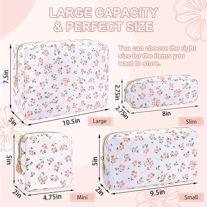 Waterproof Small Floral Pencil Case Makeup Bag for Purse,Cute Flower Pencil Pouch Preppy Nylon Makeup Brush Holder with Zipper,Girls Portable Storage Case Small Pen Bag for Work(Slim White-Flowers)