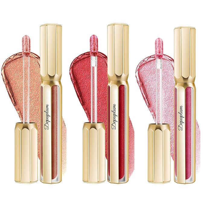 3Pc Lipsticks Set for Women Metallic Lipstick Long Lasting Dark Red Bronze Pink Lip Gloss, Metal Shine Lightweight Hydrating Full Coverage Lip Color, DP103/104/114