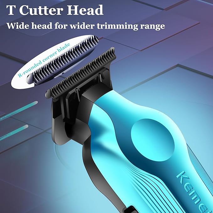 KEMEI Hair Trimmer for Men, Zero Gapped Cordless Hair Clippers Beard Trimmers with T Blade, Rechargeable Barber Clippers with LED Display, Blue