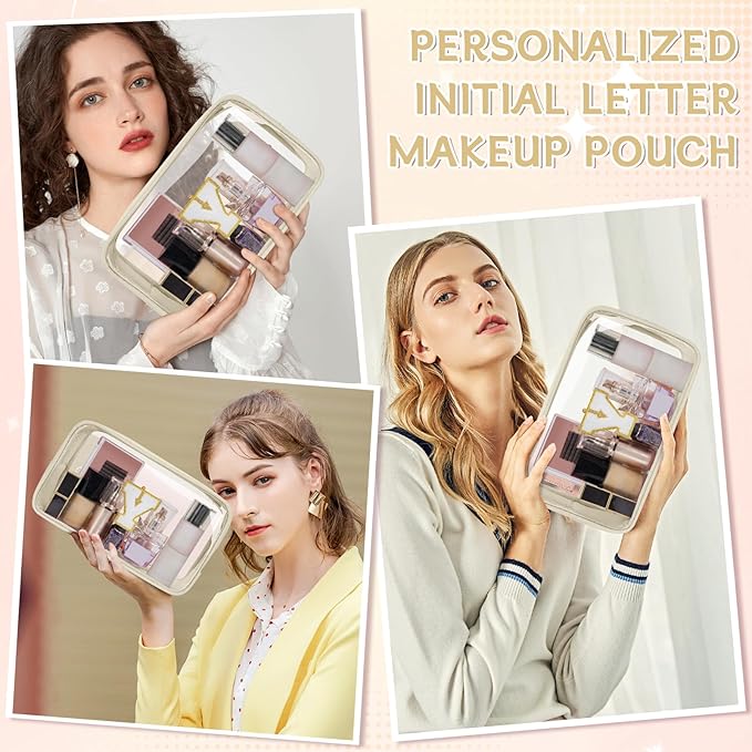 Personalized Initial Clear Makeup Bag, Travel Chenille Patch Cosmetic Bag, Preppy Toiletry Bag Monogram Cosmetic Pouch with Zipper, Ideal Gift for Teen Girls Women (Clear-Beige, Y)