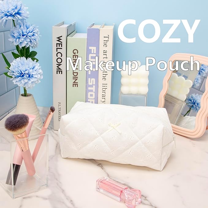 PAZIMIIK 2PCS Cozy Makeup Bag Travel Cosmetic Bag for Women Soft Toiletry Bag Aesthetic Makeup Organizer Portable Large Zipper Pouch for Skincare Beauty Accessories Brushes Embroidery White