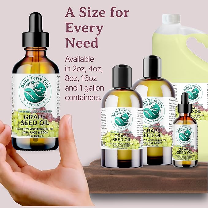 Bella Terra Oils - Organic Grape Seed Oil 16 oz - Celebrate the Essence of Cold-Pressed Organic Grapes, Rich in Vitamin D & Beta-carotene, The Ultimate Skin Nourishing Experience