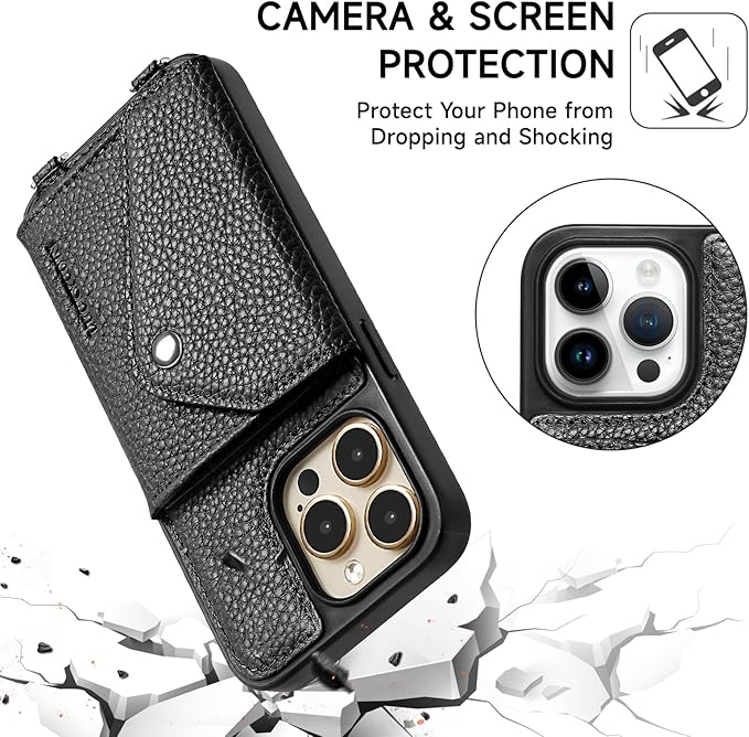 LUCKYCOIN Crossbody Wallet Phone Case for iPhone 15 Pro,100% Genuine Leather Wallet Phone Case with Expandable Flip Card Holder,Phone Purse for Women with Adjustable Removable Strap - Pebble Black