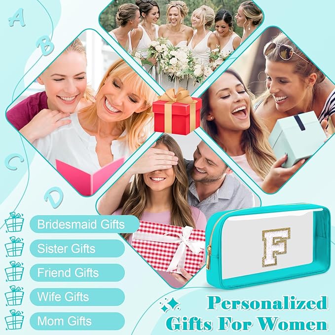 Personalized Initial Letter Clear Makeup Bag,Preppy Small Nylon&PVC Cosmetic Zipper Bag with Chenille Letter,Portable Beach Travel Skincare Toiletry Bag,Trendy Monogram Gift for Teen Girls Women,F