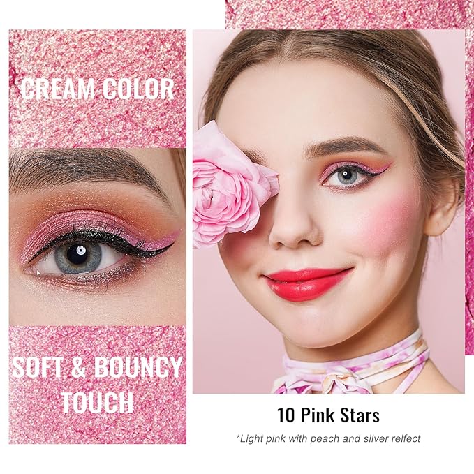 Oulac Pink Eyeshadow Glitter Eyeshadow Highly Pigmented Waterproof & Long Lasting Crease-Free Moisturizing Smooth Formula, Shimmer Glitter Eye Makeup. 6g (10)