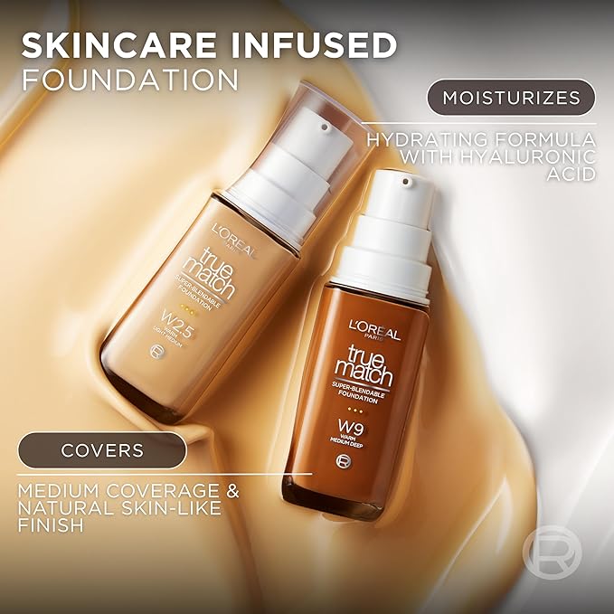 L'Oreal Paris True Match Super-Blendable Foundation, Medium Coverage Liquid Foundation Makeup, W8, Medium Deep, 1 Fl Oz