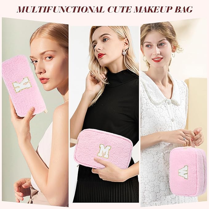 2PCS Makeup Bag with Initials, Christmas Day Gifts for Teen Girls Trendy Stuff, Personalized Cosmetic Travel Bag Pouch for Granddaughter, Cute Plush Make up Bags for Birthday - Pink F